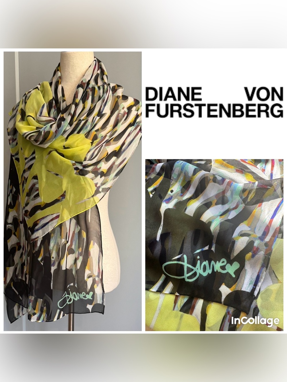 Diane Von Furstenberg Vintage Yellow and Multi-Color Abstract Silk Scarf